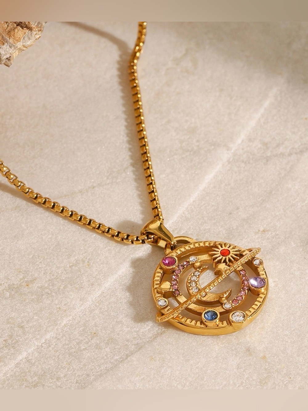 18K Gold Plated Stainless Steel Pendant Necklace with Multicolor Stones